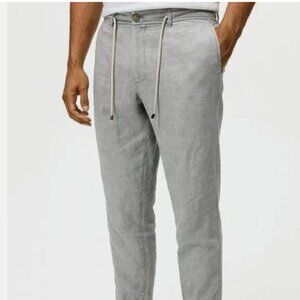Zara 100% Linen Pants Mens M 32 x 27 Gray Light Blue Drawstring Casual Pull On.